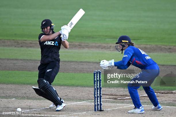 Sophie Devine of New Zealand bats during game three of the Women's ODI series between New Zealand and England at Seddon Park on April 07, 2024 in...