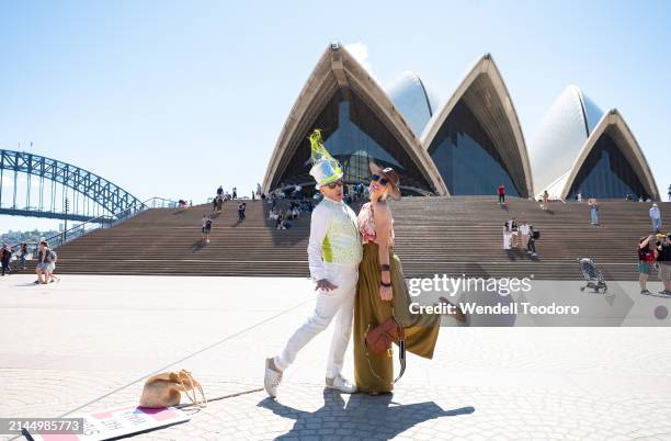 Milliners Neil Grigg and Katherine Millinery attend the Sydney Hat Walk starting at the Sydney Opera House on April 07, 2024 in Sydney, Australia....