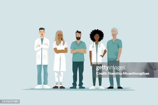 health care illustration concept shows a group of medical workers who are doctors and nurses on the blue background at the hospital. - screening cartoon stock pictures, royalty-free photos & images