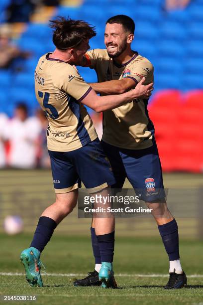 Clayton Taylor of the Jets celebrates his goal with team mates during the A-League Men round 23 match between Newcastle Jets and Sydney FC at...