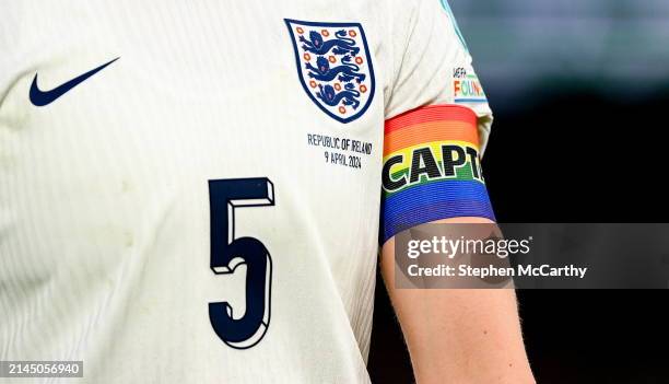 Dublin , Ireland - 9 April 2024; A detailed view of the jersey and captain's armband worn by Leah Williamson of England during the UEFA Women's...