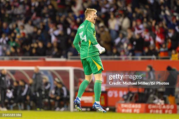 Chris Brady of Chicago Fire celebrates the first goal of the game during a game between Houston Dynamo FC and Chicago Fire FC at Soldier Field on...