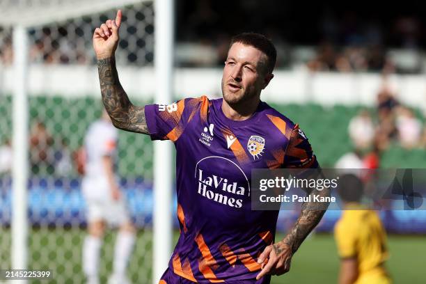 Adam Taggart of the Glory celebrates a goal during the A-League Men round 23 match between Perth Glory and Adelaide United at HBF Park, on April 07...