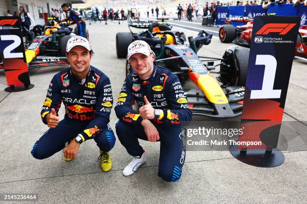 Race winner Max Verstappen of the Netherlands and Oracle Red Bull Racing and Second placed Sergio Perez of Mexico and Oracle Red Bull Racing...