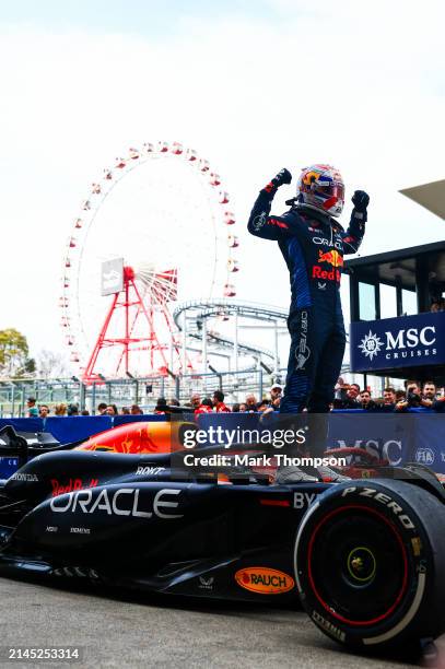 Race winner Max Verstappen of the Netherlands and Oracle Red Bull Racing celebrates in parc ferme during the F1 Grand Prix of Japan at Suzuka...