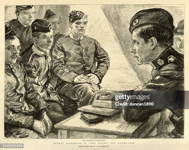 victorian british army chaplain, sunday afternoon in camp, military history, 1890s 19th century - chaplain stock illustrations