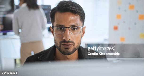 hispanic latin businesspeople use desktop computer at home office. business remote work lifestyle, man woman coworker teamwork, internet information technology, software developer freelance job - software development stock pictures, royalty-free photos & images