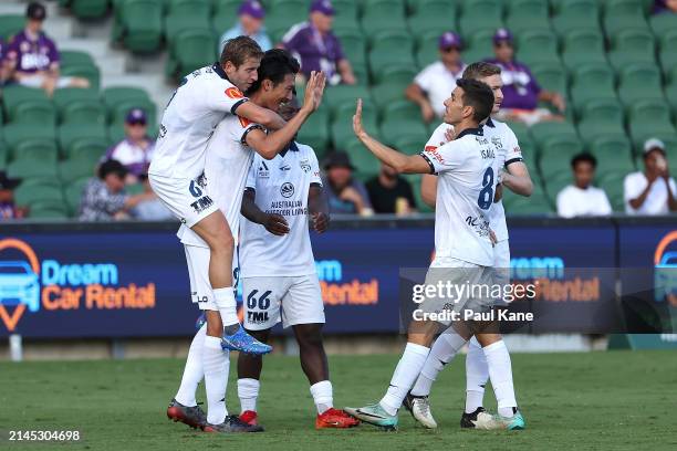 Hiroshi Ibusuki of Adelaide celebrates a goal during the A-League Men round 23 match between Perth Glory and Adelaide United at HBF Park, on April 07...