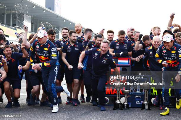 Race winner Max Verstappen of the Netherlands and Oracle Red Bull Racing , Second placed Sergio Perez of Mexico and Oracle Red Bull Racing and Oracle...