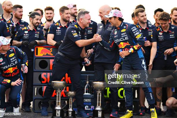 Race winner Max Verstappen of the Netherlands and Oracle Red Bull Racing , Second placed Sergio Perez of Mexico and Oracle Red Bull Racing and Oracle...