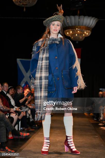 Model walks the runway at the Dressed To Kilt 2024 fashion show at Exhibition Place on April 06, 2024 in Toronto, Ontario.