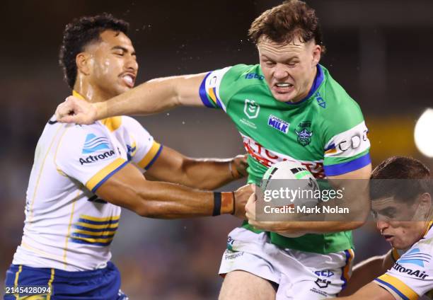 Ethan Strange of the Raiders in action during the round five NRL match between Canberra Raiders and Parramatta Eels at GIO Stadium, on April 07 in...