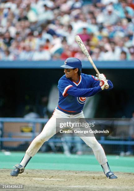 Dave Martinez of the Chicago Cubs bats against the Pittsburgh Pirates during a game at Three Rivers Stadium in 1988 in Pittsburgh, Pennsylvania.