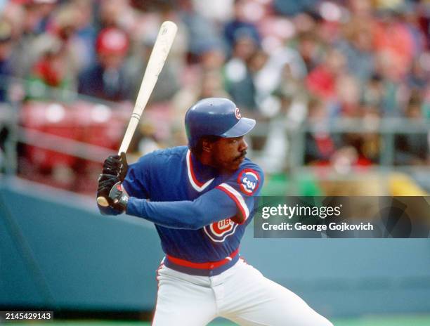 Andre Dawson of the Chicago Cubs bats against the Pittsburgh Pirates during a game at Three Rivers Stadium in 1988 in Pittsburgh, Pennsylvania.