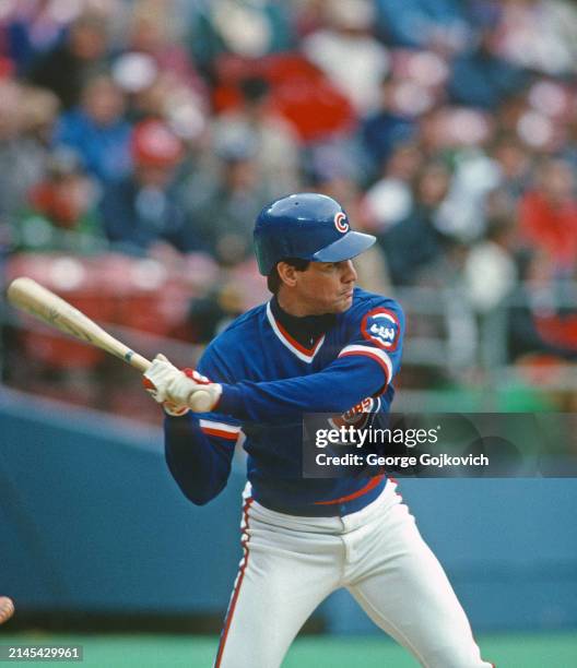 Ryne Sandberg of the Chicago Cubs bats against the Pittsburgh Pirates during a game at Three Rivers Stadium in 1988 in Pittsburgh, Pennsylvania.
