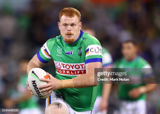 Corey Horsburgh of the Raiders in action during the round five NRL match between Canberra Raiders and Parramatta Eels at GIO Stadium, on April 07 in...