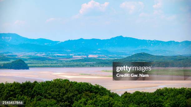 landscape of north korea seen from south korea! - north stock pictures, royalty-free photos & images