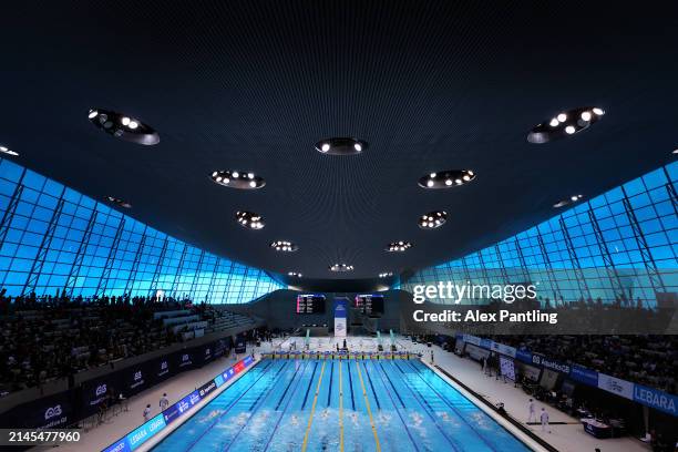 General view inside the arena Aquatics Centre during Heat 1 of the Men's 200m Backstroke during day six of the British Swimming Championships 2024 on...