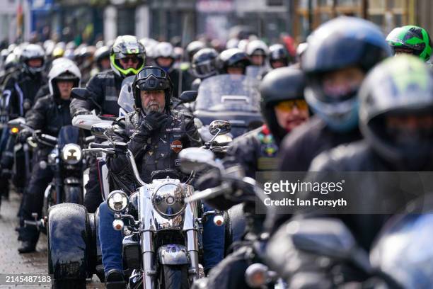 Hundreds of bikers ride from Beverley market place at the start of a memorial bike ride for Dave Myers of the Hairy Bikers on April 07, 2024 in...