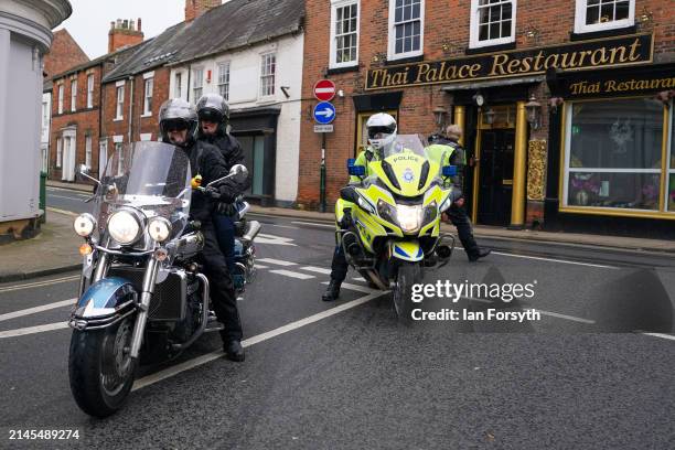 Hundreds of bikers ride from Beverley market place at the start of a memorial bike ride for Dave Myers of the Hairy Bikers on April 07, 2024 in...