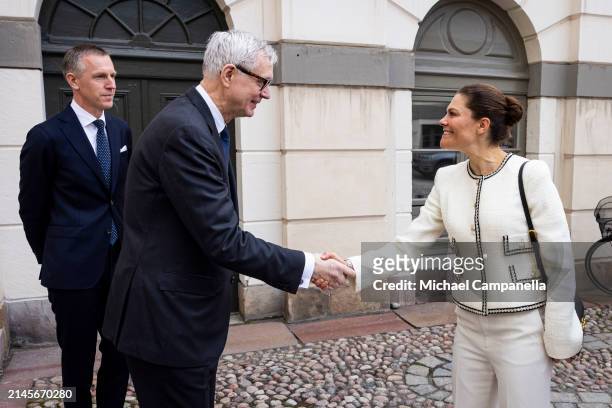 Crown Princess Victoria of Sweden visits Sweden's Supreme Court and is greeted by Supreme Court president Anders Eka on April 10, 2024 in Stockholm,...