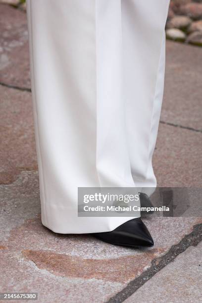 Shoe, detail worn by Crown Princess Victoria of Sweden while visiting Sweden's Supreme Court on April 10, 2024 in Stockholm, Sweden.