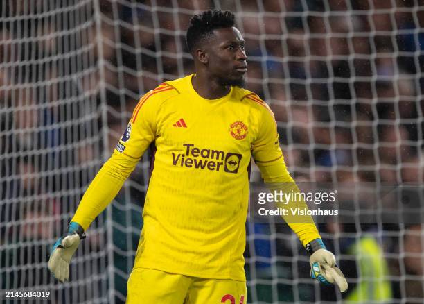 Andre Onana of Manchester United during the Premier League match between Chelsea FC and Manchester United at Stamford Bridge on April 04, 2024 in...