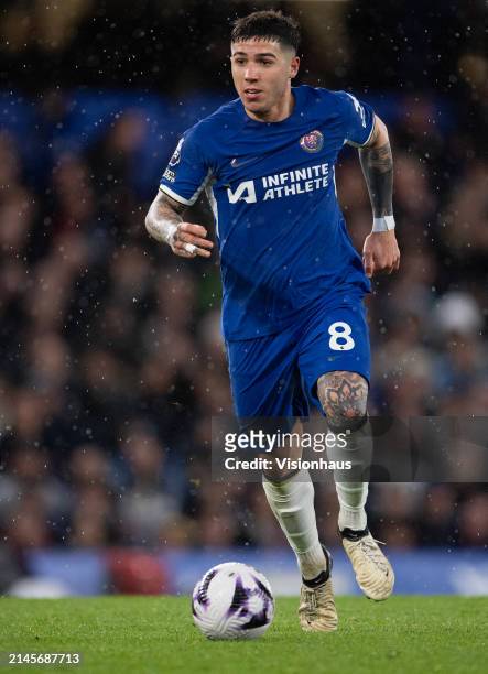 Enzo Fernandez of Chelsea during the Premier League match between Chelsea FC and Manchester United at Stamford Bridge on April 04, 2024 in London,...