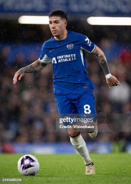 Enzo Fernandez of Chelsea during the Premier League match between Chelsea FC and Manchester United at Stamford Bridge on April 04, 2024 in London,...