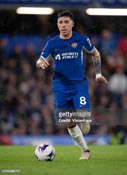 Enzo Fernandez of Chelsea during the Premier League match between Chelsea FC and Manchester United at Stamford Bridge on April 04, 2024 in London,...