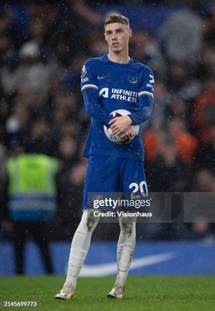 Cole Palmer of Chelsea waits to take his second penalty during the Premier League match between Chelsea FC and Manchester United at Stamford Bridge...