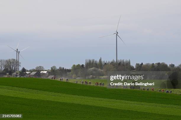 General view of the peloton passing through the Viesly à Quiévy cobblestones sector during the 121st Paris-Roubaix 2024 a 259.7km one day race from...