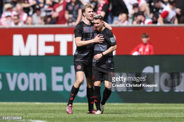 Felix Klaus of Düsseldorf celebrates the first goal with Vincent Vermeij during the Second Bundesliga match between Fortuna Düsseldorf and Eintracht...