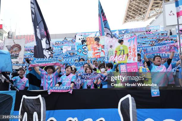 Fans of Sagan Tosu cheer prior to the J.LEAGUE MEIJI YASUDA J1 7th Sec. Match between Urawa Red Diamonds and Sagan Tosu at Saitama Stadium on April...