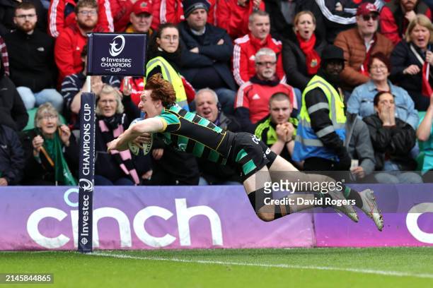 George Hendy of Northampton Saints scores his team's fourth try during the Investec Champions Cup Round Of 16 match between Northampton Saints and...