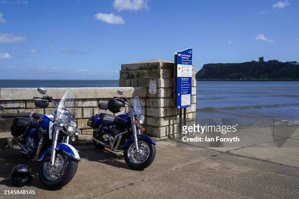 Bikes are parked on the seafront as riders arrive in Scarborough after completing a memorial bike ride for Dave Myers of the Hairy Bikers on April...