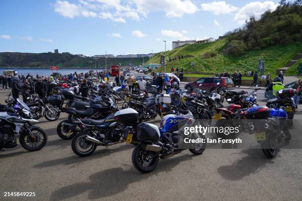 Bikes are parked on the seafront as riders arrive in Scarborough after completing a memorial bike ride for Dave Myers of the Hairy Bikers on April...