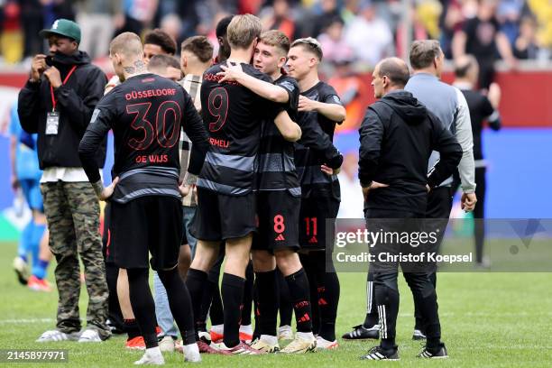 The team of Düsseldorf celebrates after winning 2-0 the Second Bundesliga match between Fortuna Düsseldorf and Eintracht Braunschweig at Merkur...