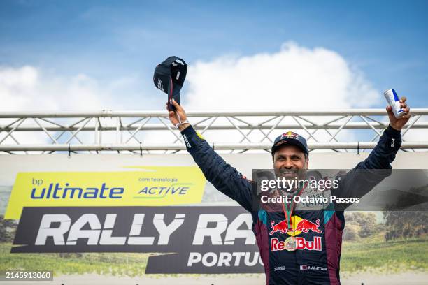 Nasser Al Attiyah of Qatar celebrate at the award ceremony awards for the FIA Rally Raid Portugal 2024 event of the World Rally-Raid Championship on...