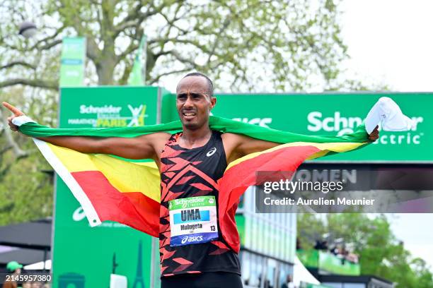 Mulugeta Uma of Ethiopia reacts after winning the Paris Marathon on April 07, 2024 in Paris, France.