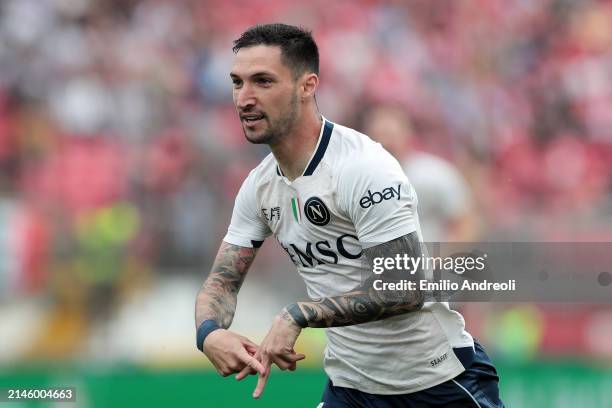 Matteo Politano of SSC Napoli celebrates scoring his team's second goal during the Serie A TIM match between AC Monza and SSC Napoli at U-Power...