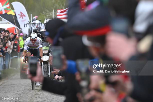 Mathieu van der Poel of The Netherlands and Team Alpecin - Deceuninck competes in the breakaway passing through the Carrefour de l'Arbre cobblestones...