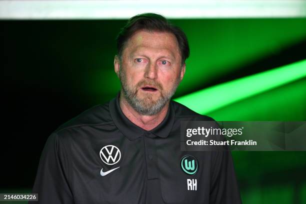 Ralph Hasenhuettl, Head Coach of VfL Wolfsburg, looks on prior to the Bundesliga match between VfL Wolfsburg and Borussia Mönchengladbach at...