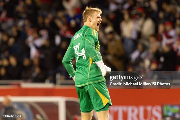 Chris Brady of Chicago Fire celebrates a goal during a game between Houston Dynamo FC and Chicago Fire FC at Soldier Field on April 6, 2024 in...