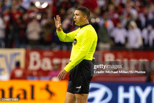 Referee Malik Badawi blows his whistle during a game between Houston Dynamo FC and Chicago Fire FC at Soldier Field on April 6, 2024 in Chicago,...