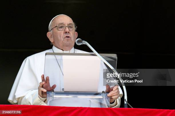 Pope Francis delivers his Angelus blessing from his studio overlooking St. Peter's Square on April 07, 2024 in Vatican City, Vatican. Pope Francis on...