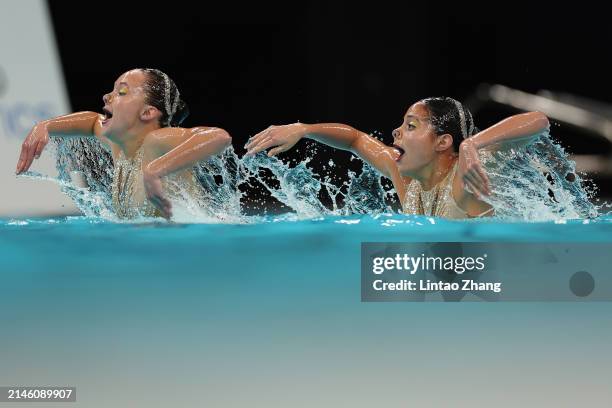 Camila Argumedo Gomez and Carolina Arzate Carbia of Mexico compete in the Women's Duet Free final on day three of The World Aquatics Artistic...