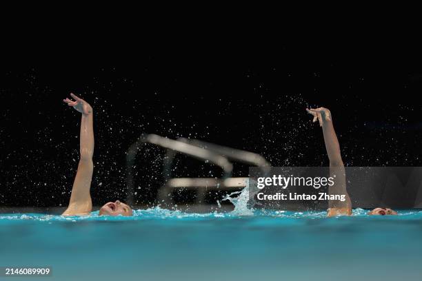 Camila Argumedo Gomez and Carolina Arzate Carbia of Mexico compete in the Women's Duet Free final on day three of The World Aquatics Artistic...
