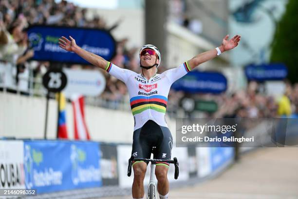 Mathieu van der Poel of The Netherlands and Team Alpecin - Deceuninck celebrates at finish line as race winner in the Roubaix Velodrome - Velodrome...