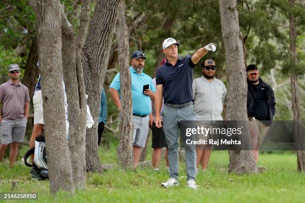 Alex Noren of Sweden plays his second shot on the 1st hole during the final round of the Valero Texas Open at TPC San Antonio on April 07, 2024 in...